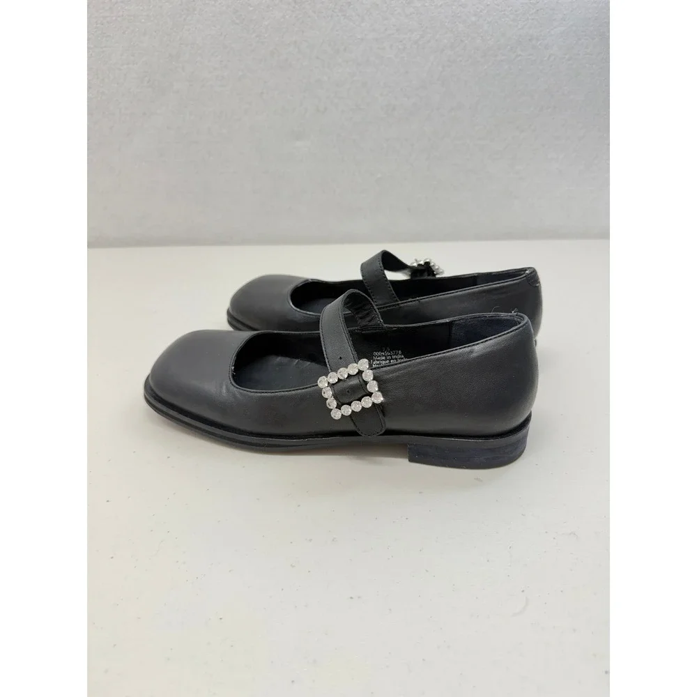 Free People Black Leather Square Toe Rhinestone Buckle Mary Jane Flats 7.5